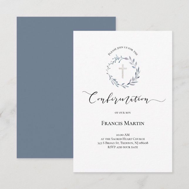 Invitation aquarelle de couronne bleu poussiéreux Confirmatio (Devant / Derrière)