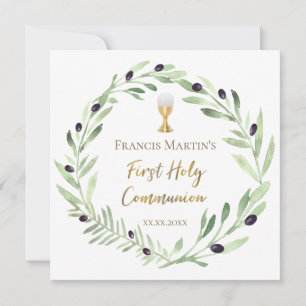 Invitation aquarelle de couronne d'olivier Première communion