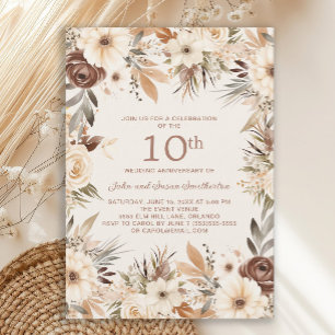 Invitation Aquarelle de crème Brown 10e anniversaire Floral