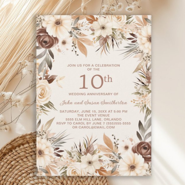 Invitation Aquarelle de crème Brown 10e anniversaire Floral (Rustic cream and brown boho-style watercolor floral 10th wedding anniversary invitation)