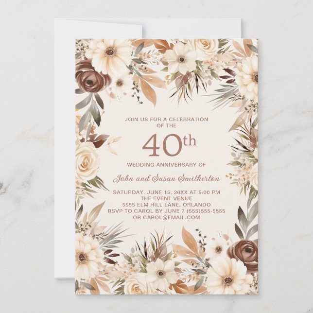 Invitation Aquarelle de crème Brown Floral 40e anniversaire (Devant)