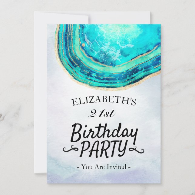 Invitation Aquarelle de fête d'anniversaire Turquoise et Gold (Devant)