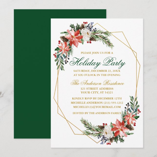 Invitation Aquarelle de fête de vacances Poinsettia Gold Gree (Devant / Derrière)