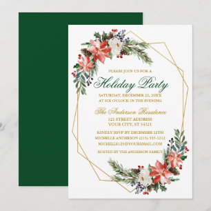 Invitation Aquarelle de fête de vacances Poinsettia Gold Gree