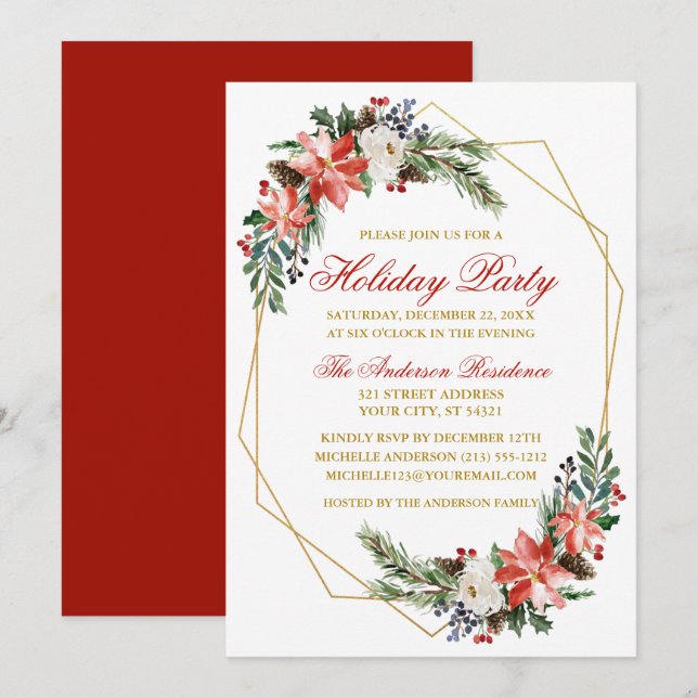 Invitation Aquarelle de fête de vacances Poinsettia Gold Roug (Devant / Derrière)