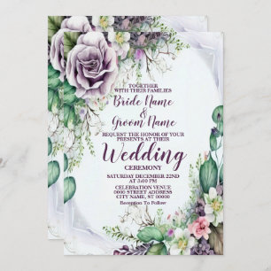 Invitation Aquarelle de feuillage vert mariage violet