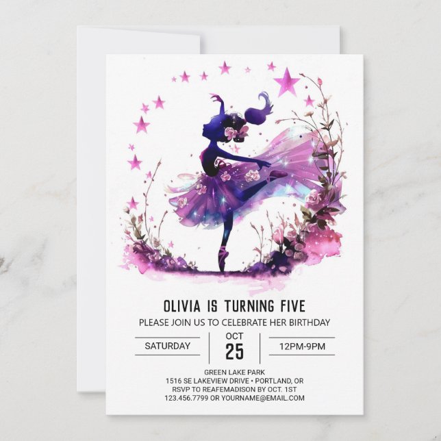 Invitation Aquarelle de fille Ballerina Anniversaire (Devant)