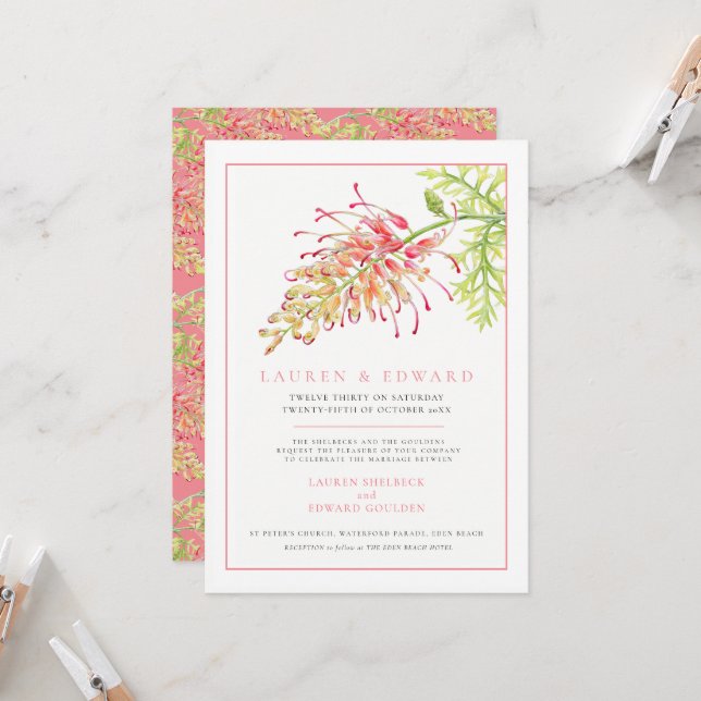 Invitation Aquarelle de fleur de Grevillea corail mariage bla (Devant/Arrière en situation)