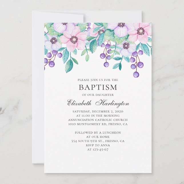 Invitation Aquarelle de fleurs violettes et roses. Baptême fl (Devant)