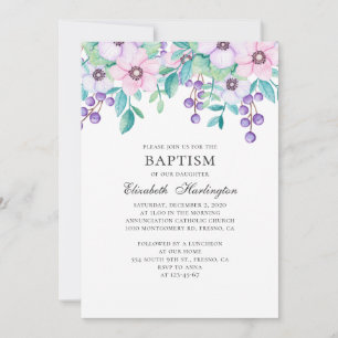 Invitation Aquarelle de fleurs violettes et roses. Baptême fl