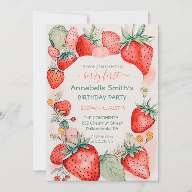 Invitation Aquarelle de fraise Berry mignonne Premier anniver (Devant)