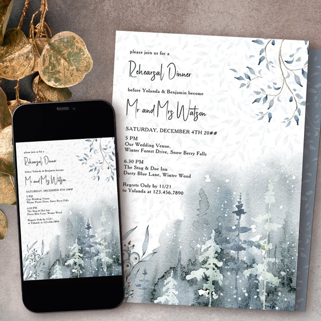 Invitation Aquarelle de la forêt de neige - Répétition de mar (Wedding Rehearsal Dinner invitation from my Snow Forest Winter Wedding collection)
