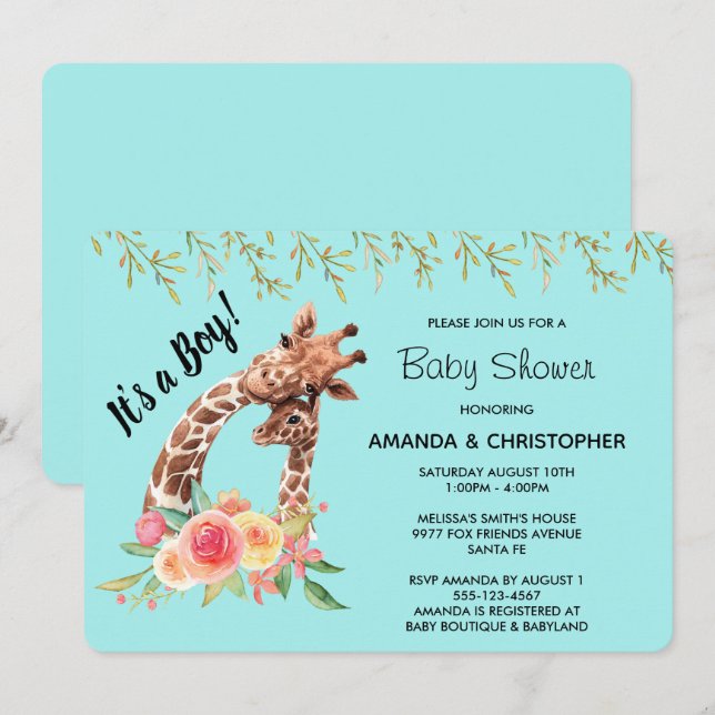 Invitation Aquarelle de la Giraffe Cute C'est un garçon ! Bab (Devant / Derrière)