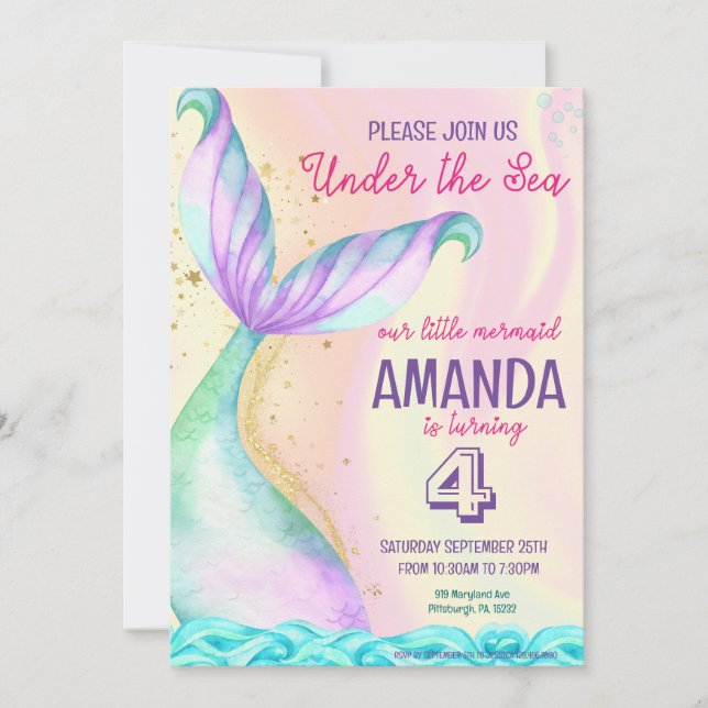 Invitation Aquarelle de la queue de sirène Anniversaire sous  (Devant)