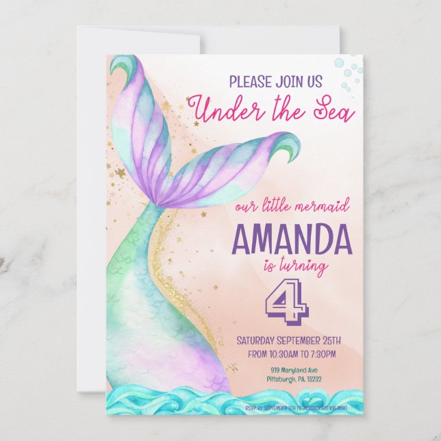 Invitation Aquarelle de la queue de sirène Anniversaire sous  (Devant)