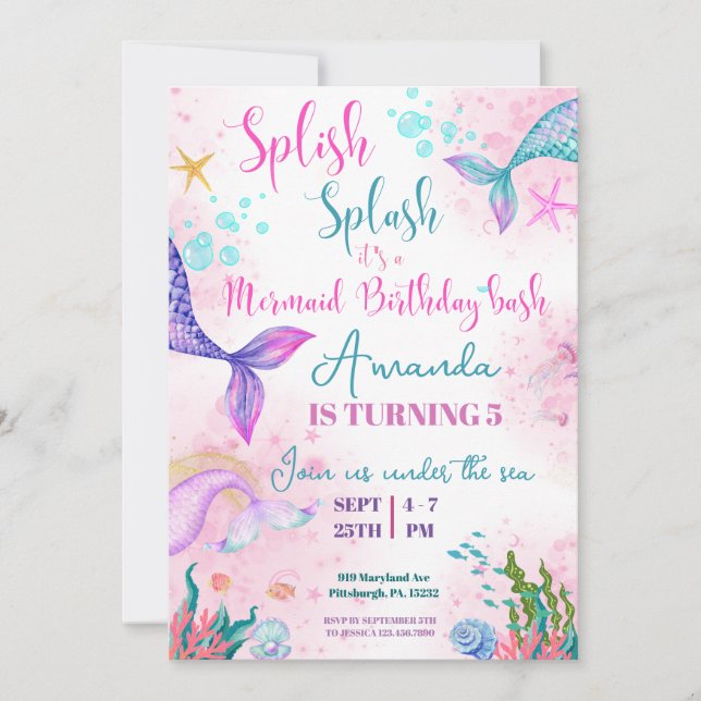 Invitation Aquarelle de la queue de sirène Anniversaire sous  (Devant)