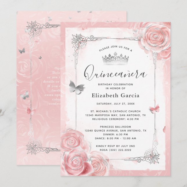 Invitation Aquarelle de la Quinceanera aux roses roses blanch (Devant / Derrière)