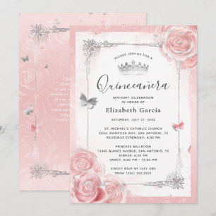 Invitation Aquarelle de la Quinceanera aux roses roses blanch