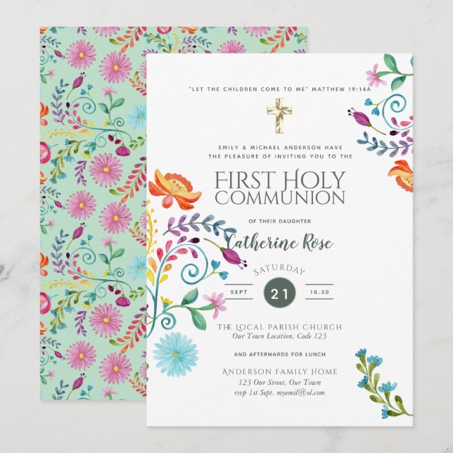 Invitation Aquarelle de la Sainte Communion Fleur sauvage Fol (Devant / Derrière)