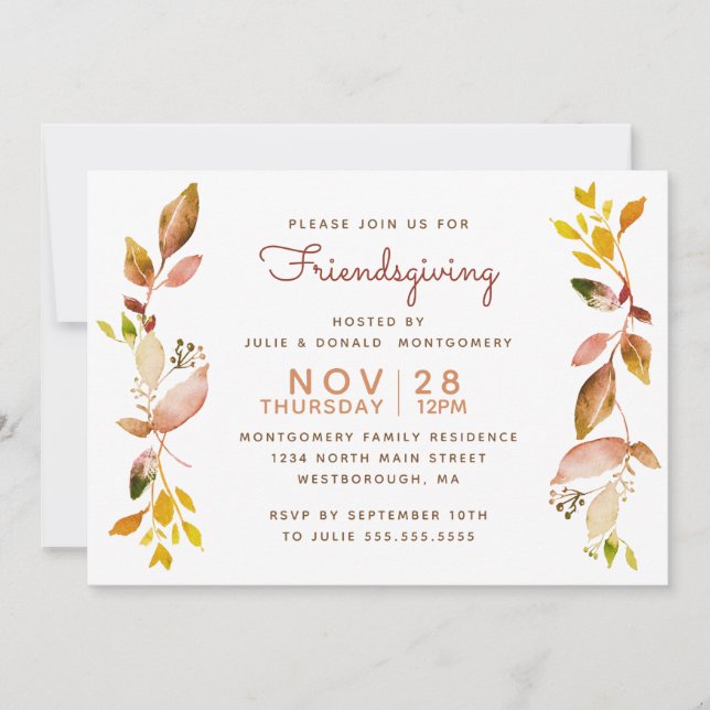 Invitation Aquarelle de l'Amitié Feuilles botaniques d'automn (Devant)