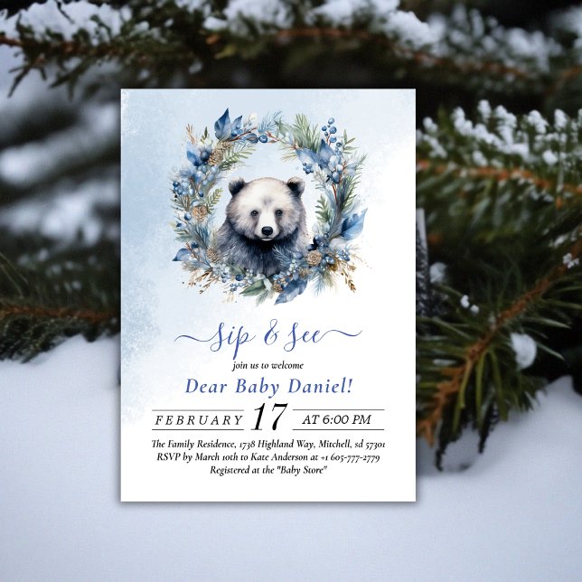Invitation Aquarelle de l'ours d'hiver Sip et voir l'invitati (Winter Bear Watercolor Sip and See Invitation)