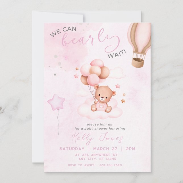 Invitation Aquarelle de l'ours en peluche Baby shower fille r (Devant)