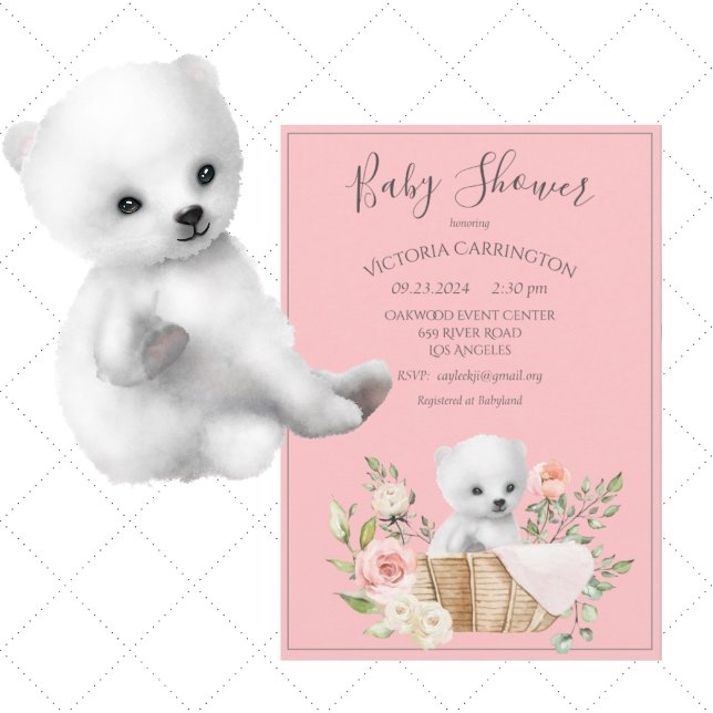 Invitation Aquarelle de l'ours polaire Baby shower rose (Créateur téléchargé)
