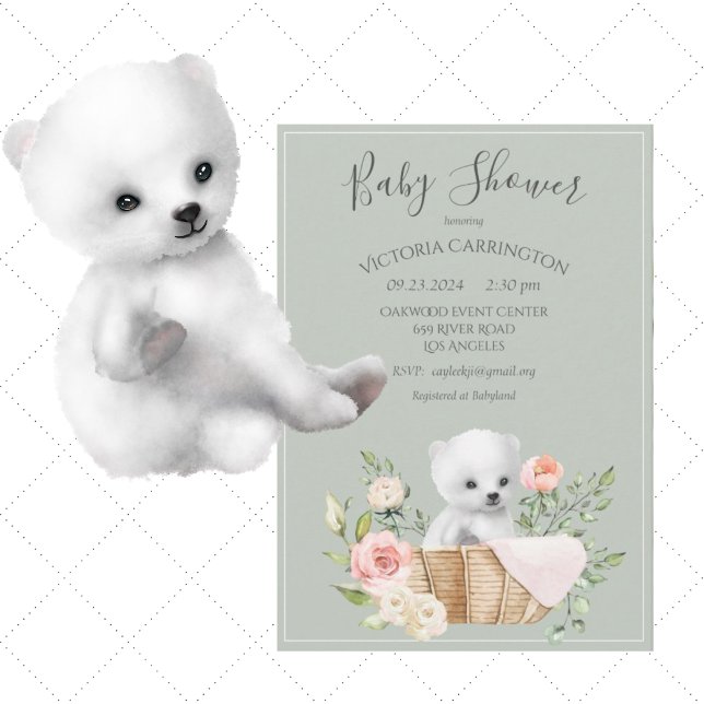 Invitation Aquarelle de l'ours polaire Sage Baby shower vert (Créateur téléchargé)