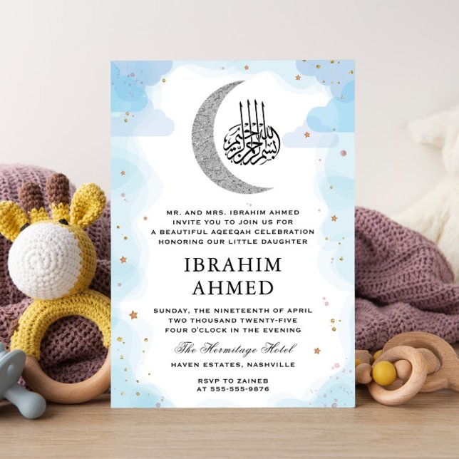 Invitation Aquarelle de lune d'argent bleu islamique Aqiqa Aq (Créateur téléchargé)