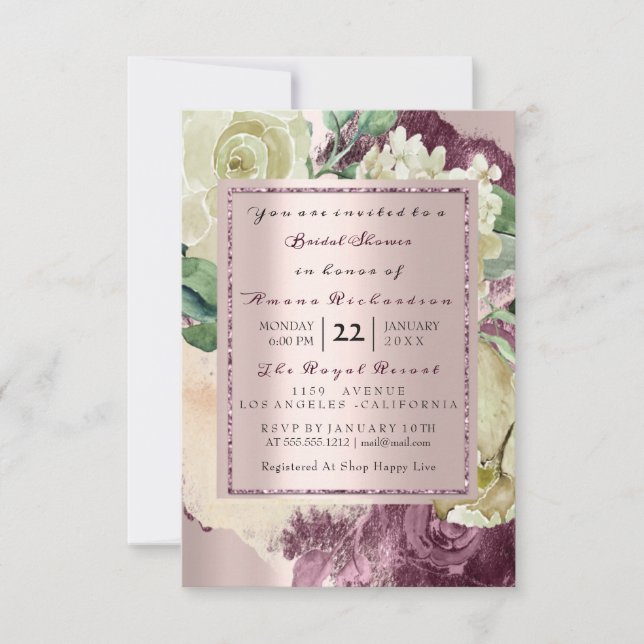 Invitation Aquarelle de mariage Marsala blanc floral or rose (Devant)