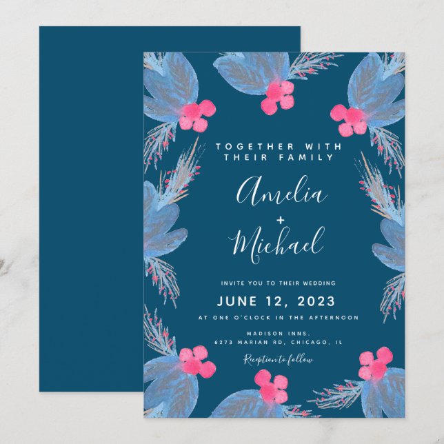 Invitation Aquarelle de Noël Berry Mariage botanique bleu (Devant / Derrière)