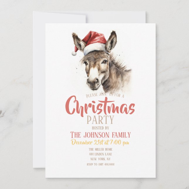 Invitation Aquarelle de Noël mignonne âne (Devant)