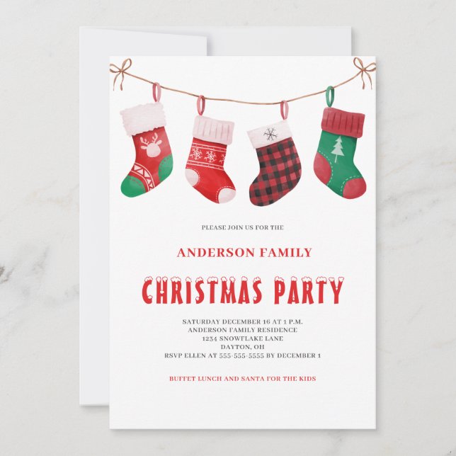 Invitation Aquarelle de Noël rouge vert mignon (Devant)