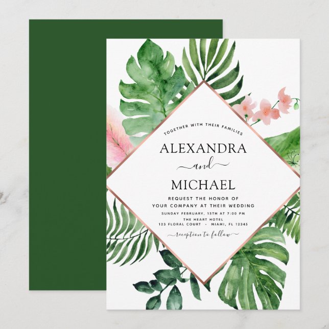 Invitation Aquarelle de palme tropicale Mariage géométrique (Devant / Derrière)