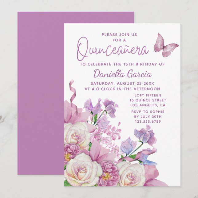 Invitation Aquarelle de papillon pourpre Quinceañera (Devant / Derrière)