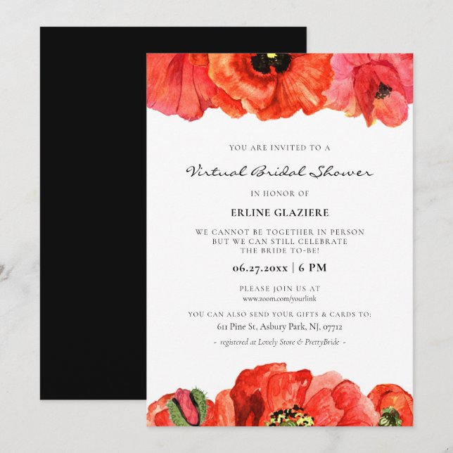 Invitation Aquarelle de pavot rouge Douche nuptiale virtuelle (Devant / Derrière)