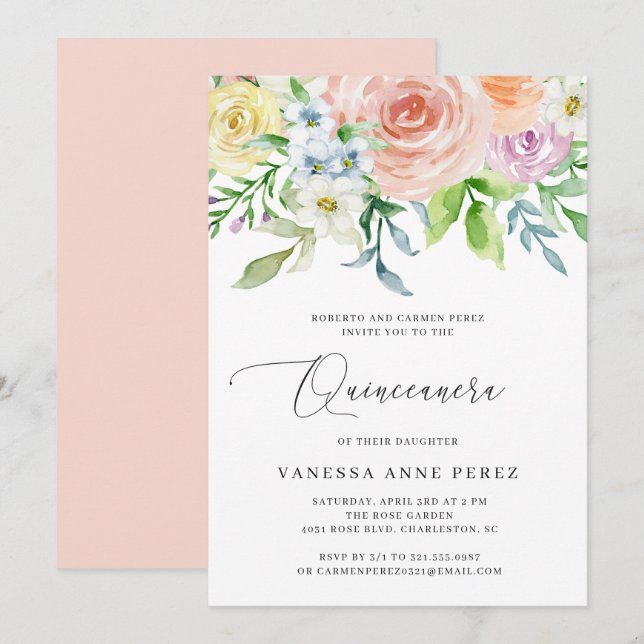 Invitation Aquarelle de Pêche Florale Quinceañera (Devant / Derrière)