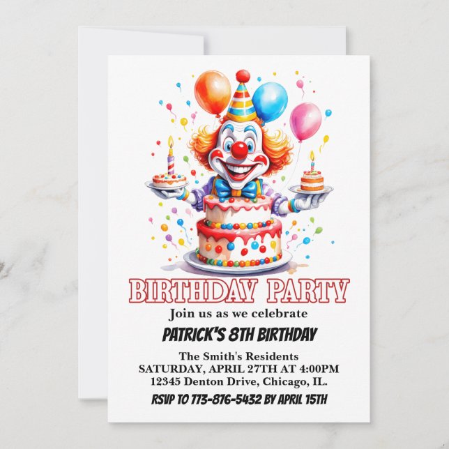 Invitation Aquarelle de petit clown joyeux fête d'anniversair (Devant)