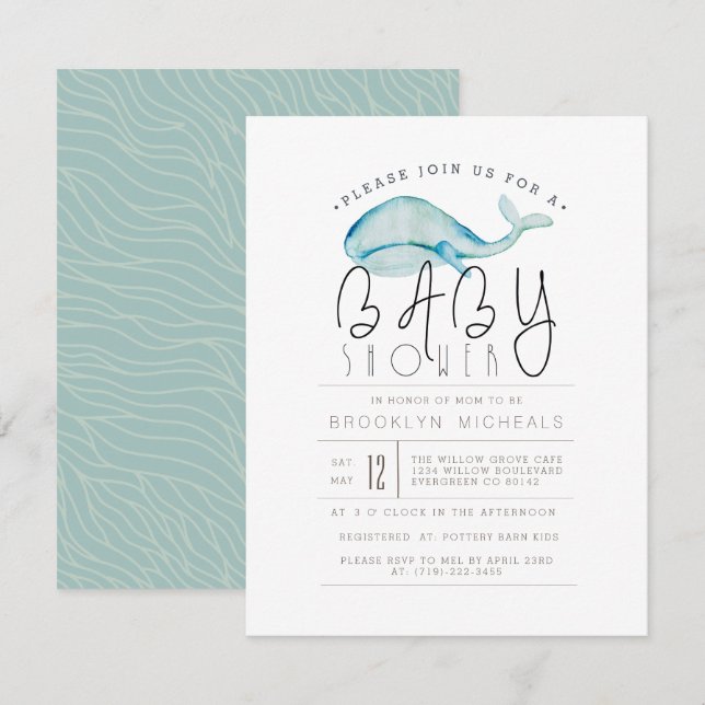 Invitation Aquarelle de petite baleine | Baby shower aquatiqu (Devant / Derrière)