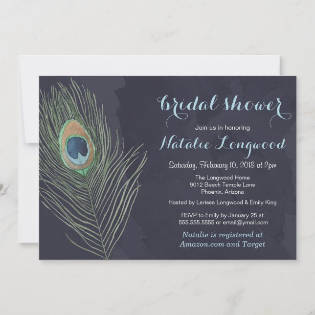 Invitation Aquarelle de plumes de paon Bébé ou Fête de l'mari (Devant)