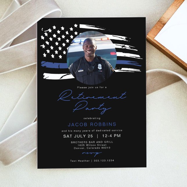 Invitation Aquarelle de police mince ligne bleue Drapeau de r (Créateur téléchargé)