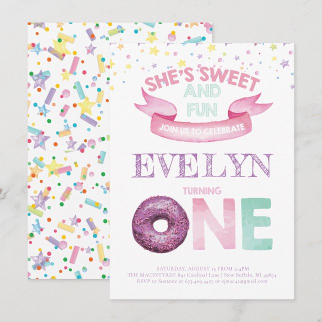 Invitation Aquarelle de premier anniversaire de Donut (Devant / Derrière)