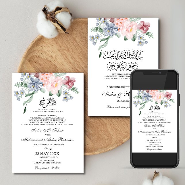 Invitation Aquarelle de printemps Floral Mariage musulman Nik (Spring Watercolor Floral Muslim Wedding Nikah Invitation)
