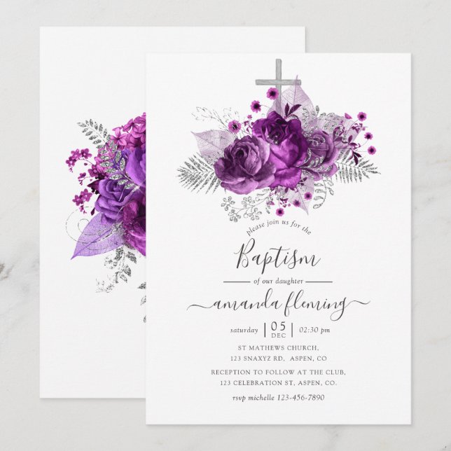 Invitation Aquarelle de prune et d'argent Baptême floral (Devant / Derrière)