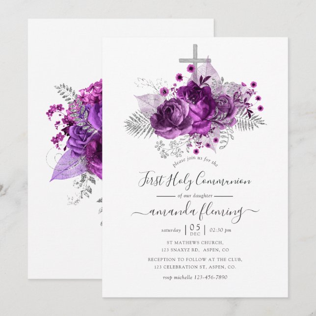 Invitation Aquarelle de prune et d'argent Communion florale (Devant / Derrière)