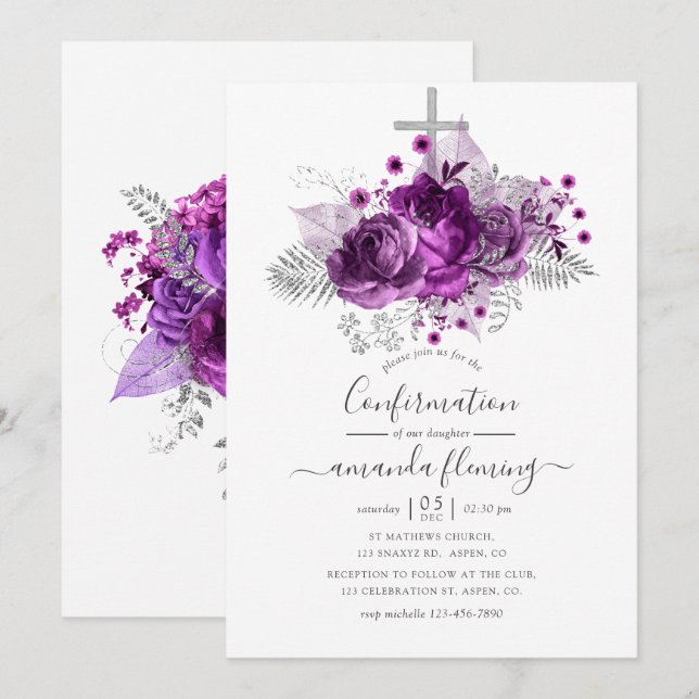 Invitation Aquarelle de prune et d'argent Confirmation floral (Devant / Derrière)