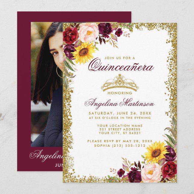 Invitation Aquarelle de Quinceanera Floral Gold Crown Photo (Devant / Derrière)