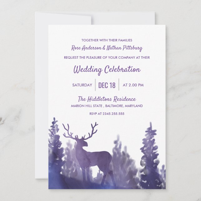 Invitation Aquarelle de rennes pourpre | Mariage d'hiver (Devant)