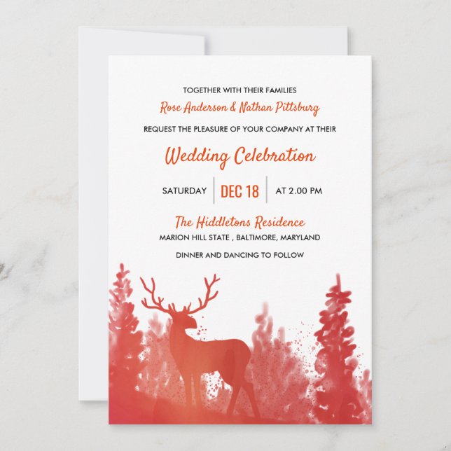 Invitation Aquarelle de rennes rouge | Mariage d'hiver (Devant)