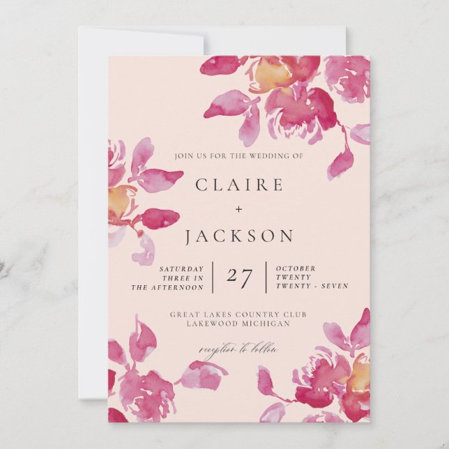 Invitation Aquarelle de Rose clair Mariage moderne (Devant)
